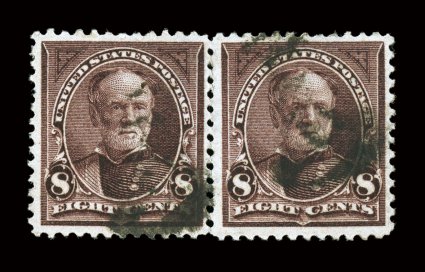 272a, 8c Violet brown, watermarked USIR in error, horizontal pair, the right stamp showing a clear R, while the left stamp shows a U, error stamp is well centered and
margined, deep rich color, trivial imperfections and some rejoined perfs