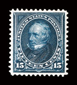 274, 15c Dark blue, exceptionally well centered within large margins, deep color and an intense impression on bright white paper, pristine o.g., n.h., extremely fine a very
scarce and difficult stamp to find in this premium never hinged quality