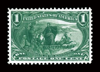 285, 1c Trans-Mississippi, an exceedingly handsome and choice mint example, incredibly well centered within unusually large margins (we are actually surprised this did not
receive a Jumbo designation), intense color and impression, pristine o.