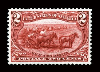 286, 2c Trans-Mississippi, uncharacteristically large and wonderfully well balanced margins, fresh gum, eye-arresting vivid impression and deep rich shade, pristine o.g.,
n.h., extremely fine gem 2007 PSE certificate (XF-Superb 95 SMQ $1050.00
