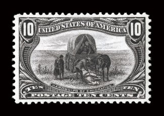 290, 10c Trans-Mississippi, a brilliant post office fresh mint example, featuring outstanding centering within unusually large margins, plus its color is a marvelously intense
shade and its impression is razor sharp on especially bright paper,