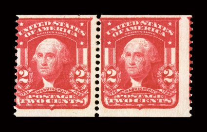 320b var., 2c Scarlet, International Vending Machine Co. perforations 12 12 to 13, mint pair, strong bright color, typical centering for this, o.g., lightly hinged, tiny
natural inclusion speck in the top margin, fine a very rare private vendi