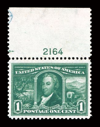 323, 1c Louisiana Purchase, top margin plate no. 2164 single, well centered within extraordinarily large margins, deep rich color and a sharp detailed impression, extraneous
blue crayon mark in top of selvage, o.g., n.h., extremely fine 2005 PS