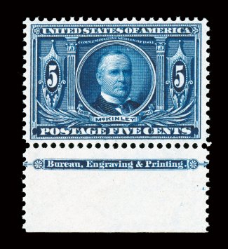 326, 5c Louisiana Purchase, an exceedingly handsome and choice bottom sheet-margin imprint single, wonderfully fresh and bright, intense color and impression, exceptionally
well centered, o.g., n.h., extremely fine gem 2004 PF certificate.