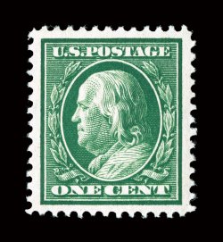 331, 1c Green, exceptionally well centered within extra-large margins, vibrant color, pristine o.g., n.h., extremely fine 2008 PSE certificate (XF-Superb 95 SMQ
$290.00)