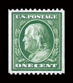 348, 1c Green coil, perf. 12 horiz., premium quality mint single, extraordinarily well centered within large margins, deep rich color and a crisp impression, o.g., n.h.,
extremely fine gem 1995 (as a pair), 2005 and 2007 PF certificates (the la