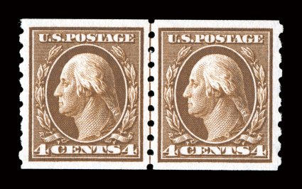 395, 4c Brown coil, perf. 8 12 vert., impressive guide line pair, exceptionally well centered within uncharacteristically wide margins, rich color, o.g., n.h., extremely fine
2007 PSE certificate (XF 90 Jumbo SMQ $1,950.00).