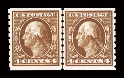 395, 4c Brown coil, perf. 8 12 vert., guide line pair, especially well centered, strong color and impression, o.g., very lightly hinged, extremely fine 2005 PF certificate and
a 2008 PSE certificate (both graded XF 90 SMQ $620.00).