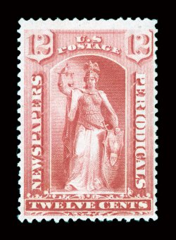 PR95, 12c Pink, rich color, nicely centered, full o.g. that is just barely disturbed, certificate mentions a tiny perf. thin which is microscopic and insignificant, very fine
2002 PSE certificate.