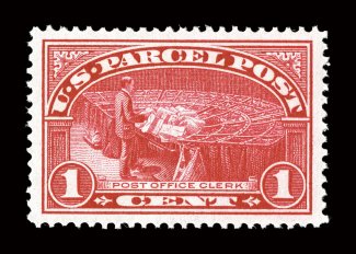 Q1, 1c Parcel Post, a superlative mint example of this relatively available stamp, but in a condition that is quite striking, with lavishly large margins all around and being
precisely centered within these impressive borders, gorgeous rich colo