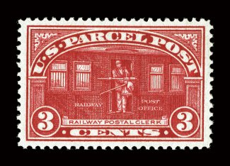 Q3, 3c Parcel Post, mathematically precise centering within very large margins, luxuriously rich color and a razor-sharp impression on bright paper, o.g., n.h., extremely fine
a pristine gem 2005 PSE certificate (XF-Superb 95 SMQ $440.00).