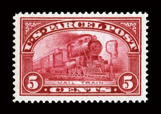 Q5, 5c Parcel Post, an impressive jumbo-margined mint example, being wonderfully well centered with lavishly large margins, intense color, fresh o.g., n.h., extremely fine
1994 PF certificate for original strip of four and a 2007 PSE certificat