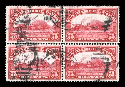 Q11, 75c Parcel Post, lovely quality used block of four, wonderfully well centered within large margins, brilliant color, relatively light duplex cancels, extremely fine 2008
PF certificate.