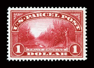 Q12, $1.00 Parcel Post, a stunning mint single, possessing absolutely radiant color and a superbly detailed impression on crisp paper, outstanding centering within exceedingly
large margins, o.g., n.h., an extremely fine gem in every regard 200