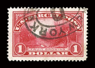 Q12, $1.00 Parcel Post, a spectacular used example, displaying the largest margins imaginable on a parcel post stamp and being precisely centered within these mammoth borders,
radiant rich color and a strong detailed impression, New York oval pm