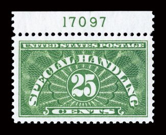 QE4a, 25c Yellow green Special Handling, top margin plate no. 17097 single, beautifully centered within very large margins, wonderfully bright and fresh, o.g., n.h., extremely
fine gem 2008 PSE certificate (Superb 98 SMQ $385.00) only one sta