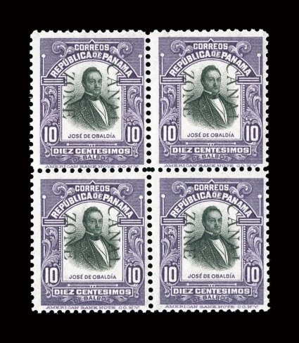 27-30, 2c-10c Pictorials, with overprint reading down cplt., in mint blocks of four, strong rich color, o.g., the first two with tropicalized gum, however the last two have
fresh o.g. that is never hinged, (scarce thus), fine-very fine.