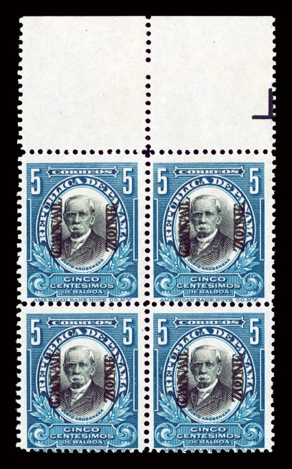 33a, 5c Deep blue and black, Canal Zone double, top sheet-margin block of four, striking color that is incredibly deep and intense, usual tropicalized o.g., fine very few
blocks can exist, as only a total of 200 of this error were printed.