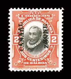 56a, 2c Orange vermilion and black, Canal Zone double, an exceptionally choice mint example, featuring excellent centering within large margins, sumptuously rich colors and
highly detailed impressions, fresh clean o.g., lightly hinged, extreme