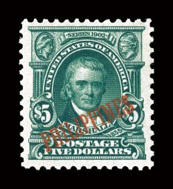 239, $5.00 Dark green, a premium mint example, exceptionally well centered within wide margins, outstanding color that is incredibly deep and intense, prooflike impression on
fresh paper, o.g., lightly hinged, extremely fine very few of the 7