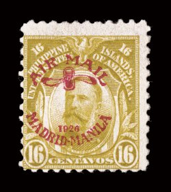 C8, 16c Olive bister, with red Madrid-Manila air post ovpt., centered to the left as always, attractive color, large part o.g., fine a major air post rarity and the key stamp
to the series, with only 100 printed.