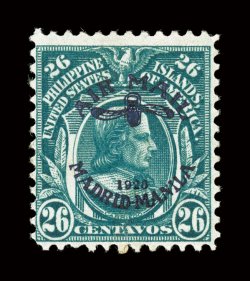 C16, 26c Blue green, with Madrid-Manila air post ovpt., watermarked, strong rich color, usual centering, part tropicalized o.g., fine a key rarity of which only 100 were
printed signed Sanabria.