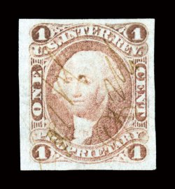 R3a, 1c Proprietary, imperforate, a seldom offered premium quality used example of this rare imperforate, possessing four extravagantly large and well balanced margins, bright
color, light manuscript cancel, extremely fine gem 1999 PF certifica
