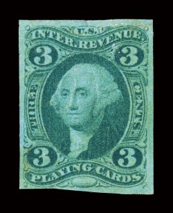R17a, 3c Playing cards, imperforate, an attractive example of this key first issue rarity, full to mostly large margins all around, deeply rich color and a well incised
impression, lightly cancelled, small thin spot and closed tear (nearly all c