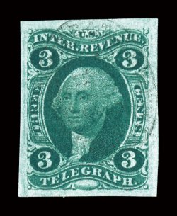 R19a, 3c Telegraph, imperforate, a magnificent quality used single, boasting margins of exceptional size and are wonderfully well balanced, gorgeous intense color and
impression, very light central strike of an oval handstamp cancel, extremely f