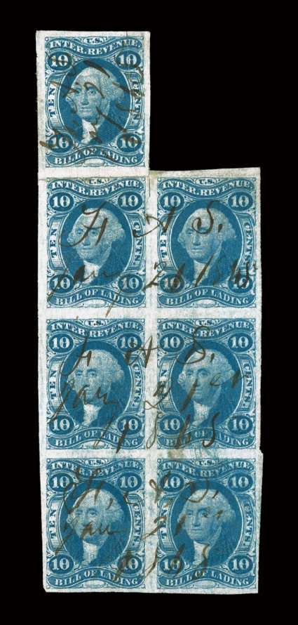 R32a, 10c Bill of Lading, imperforate, block of seven, top left stamp rejoined, large margins around, rich color, 1865 ms. cancels, small vertical tear at top between stamps,
very fine appearnance ex-Joyce.