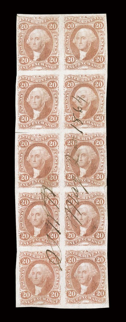 R42a, 20c Inland Exchange, imperforate, block of ten (2x5), 1864 ms. cancel leaves four stamps uncancelled, bright color, mostly large margins around, small scissor cut at
left between second and third rows, minor crease at top right, a few smal