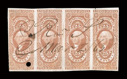 R43a, 25c Bond, imperforate, horizontal strip of four, mostly large margins around, bright color, 1863 ms. cancel, left stamp with punch hole cancel, right stamp with tear at
top, vertical crease between the two middle stamps that splits the pap