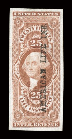 R47a, 25c Life Insurance, imperforate, gem used single, four exceptionally large and perfectly symmetrical margins all around, deep rich color, perfect printed American Life
Ins. straight line cancel, extremely fine a stamp for the perfec