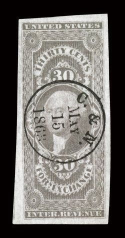 R51a, 30c Foreign Exchange, imperforate, an impressive used single, possessing large to huge margins all around and with much stronger color than typically encountered,
perfect central strike of a C. & N.May 15, 1863 handstamp cancel, extreme