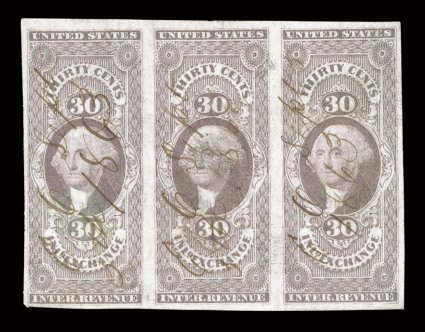 R52a, 30c Inland Exchange, imperforate, horizontal strip of three, large margins all around, strong color, 1863 ms. cancels, light horizontal crease, very fine
appearance.