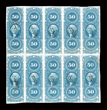 R59a, 50c Mortgage, imperforate, block of ten (5x2), large margins all around, strong color, small ms. cancels, horizontal crease in top row that breaks the paper in some
places, small tear in bottom right stamp, very fine appearance only one l