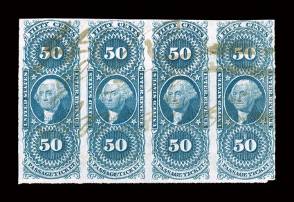 R61a, 50c Passage Ticket, imperforate, horizontal strip of four, mostly ample to large margins, fresh color, ms. cancel, a couple faint tiny bends, still very fine the largest
known multiple of this stamp ex-Joyce.