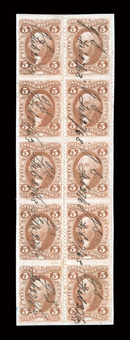 R27b, 5c Inland Exchange, part perforate, block of ten (2x5) on small piece of original document, strong rich color, neat 1863 ms. cancels, very fine and
attractive.