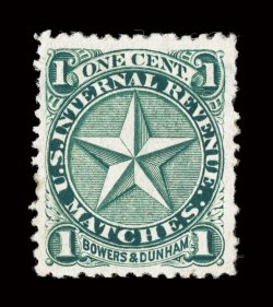 RO39d, Bowers & Dunham, 1c Green, watermarked, well centered within large margins, fresh color, a few short perfs and a thin spot, very fine appearance.