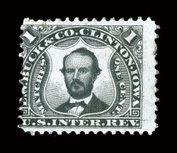 RO45e, Buck, L.W. & Co., 1c Black, experimental silk paper, strong color and impression, tiny tear at left and a few short perfs, fine appearing for this
stamp.