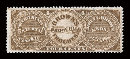 RS41b, Brown, John I. & Son, 4c Brown, silk paper, well centered for this stamp, bright color, nearly very fine.
