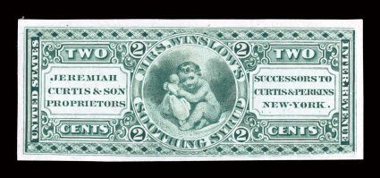 RS68TC1, Jeremiah Curtis & Son, 2c Green, trial color die proof on India, large margins, bright color, very fine.