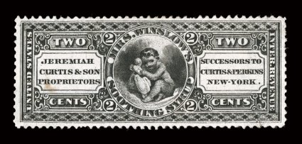 RS68d, Jeremiah Curtis & Son, 2c Black, watermarked, uncommonly well centered, fresh color, a few small thin spots and short perfs, very fine appearance.