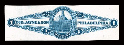 RS144d, Jayne, D. & Son, 1c Blue, watermarked, imperforate, a premium quality single, possessing four large margins, incredibly fresh with sumptuously rich color and a highly
detailed impression, very fine.