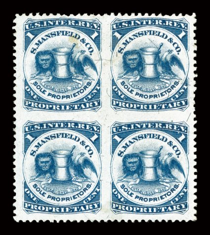 RS174jb, Mansfield, S. & Co., 1c Blue, silk paper, imperforate between, block of four, well centered within large margins, rich color and strong impression, small thin spot on
bottom right stamp, otherwise very fine.