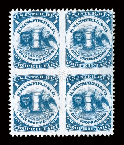 RS174jc, Mansfield, S. & Co., 1c Blue, pink paper, imperforate between, block of four, deep vibrant color, very fine for this scarce variety.
