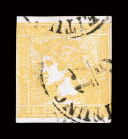 P2, 1851 (6kr) Yellow newspaper stamp, used, large margins at top and bottom, side margins close to just barely touching the outer frame lines in one place each, strong color
for this, lightly cancelled, nearly very fine a pleasing example of t