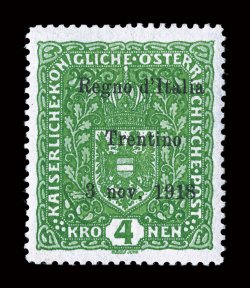 N49, 1918 4K Yellow green, with Regno dItaliaTrentino3 nov. 1918 overprint, extraordinarily well centered, deep rich color and an intense impression, full o.g., trivial h.r.,
extremely fine an outstanding example of this very rare stamp of