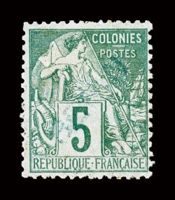 15, 1892 5c Green, with blue Benin handstamp, much better centering than normally found on this rare stamp, fresh color, part o.g., nearly very fine signed A. Brun, Miro
ex-Gibralter (Yvert 4A Ç2,800).