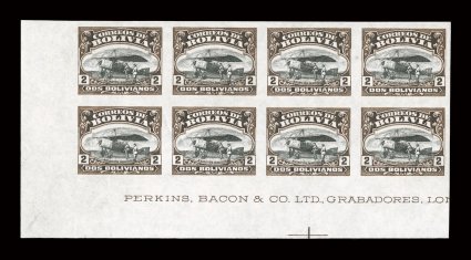 C1 var., C3 var., C6 var., 1924 10c, 25c and 2B Air posts, imperforate, with two different shades of the 10c, each in a bottom left margin partial imprint block of eight,
wonderfully bright and fresh, o.g., very lightly hinged on only one or two